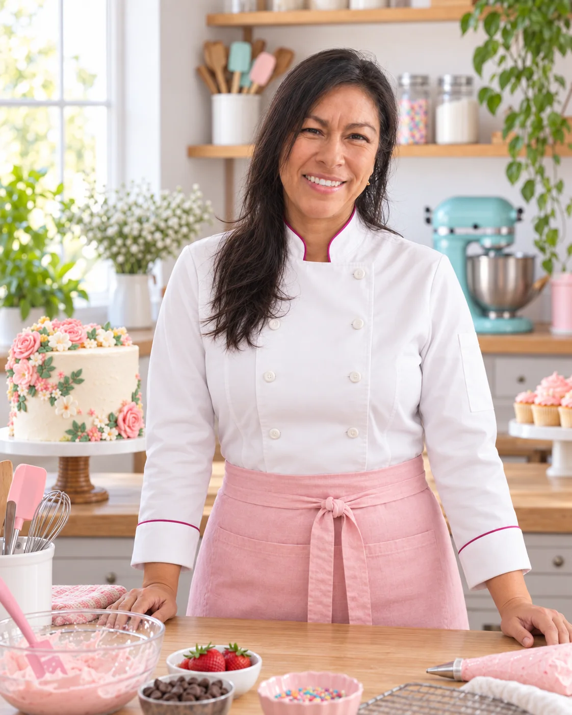 Carlina con uniforme de pastelera en una cocina de repostería