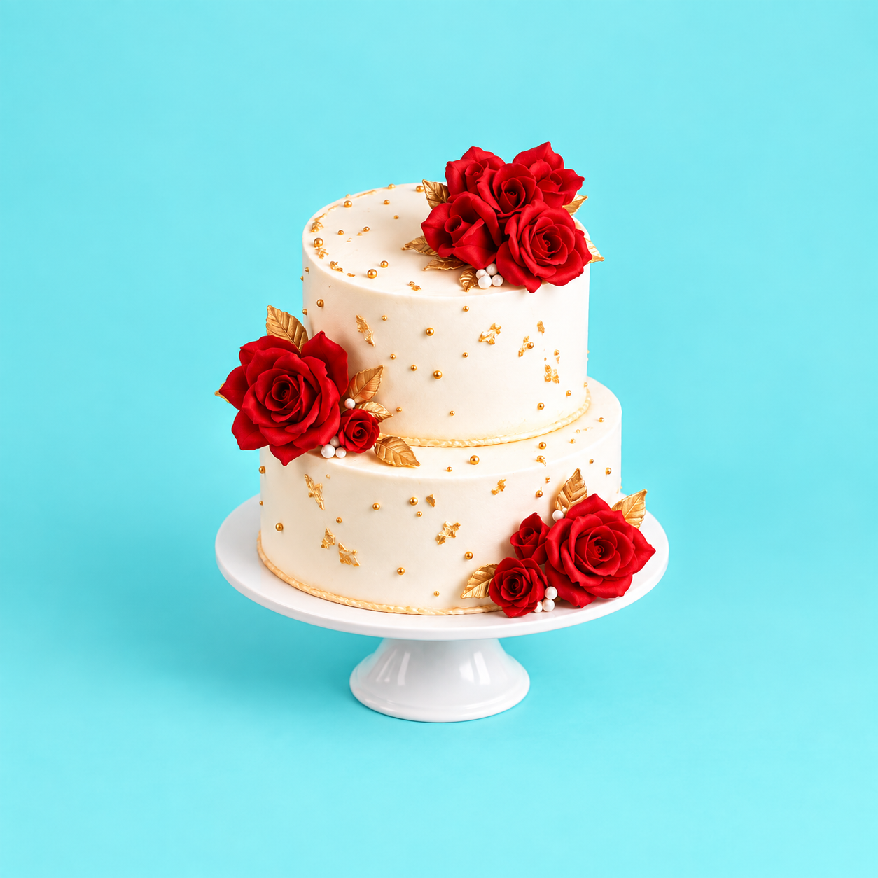 Pastel blanco de dos niveles decorado con rosas rojas