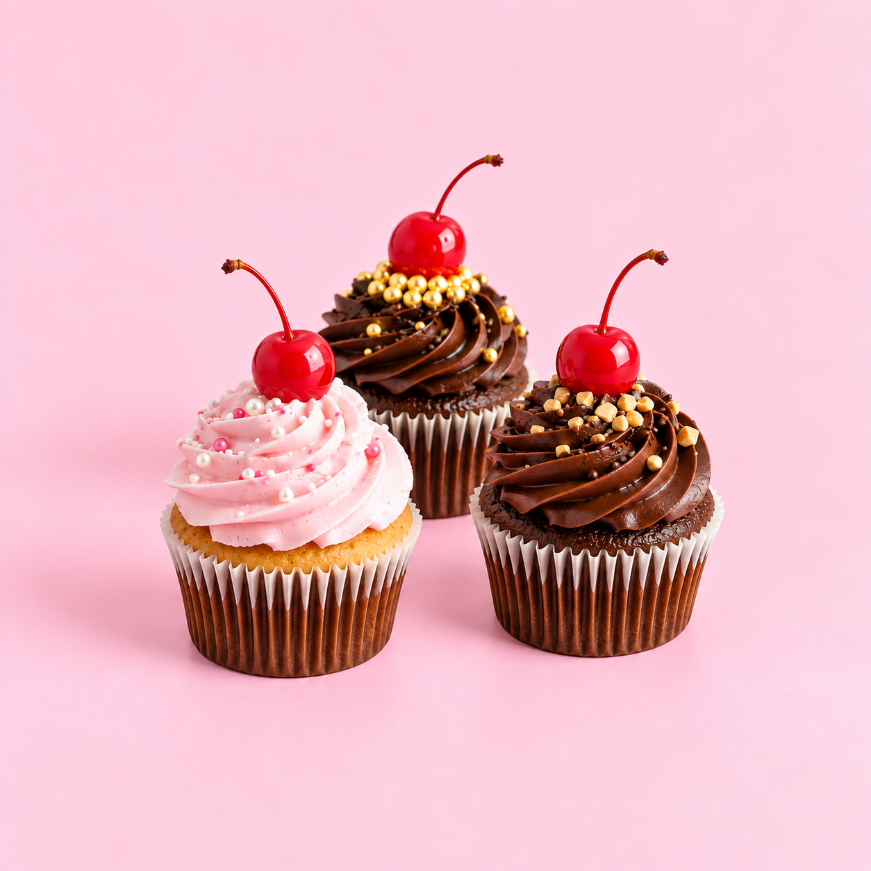 Cupcakes artesanales decorados con crema y cerezas