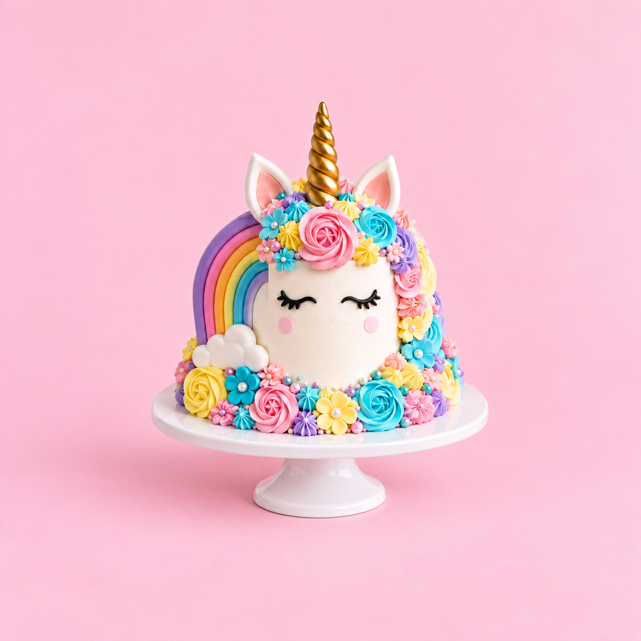 Pastel artesanal de unicornio con arcoíris y flores de colores