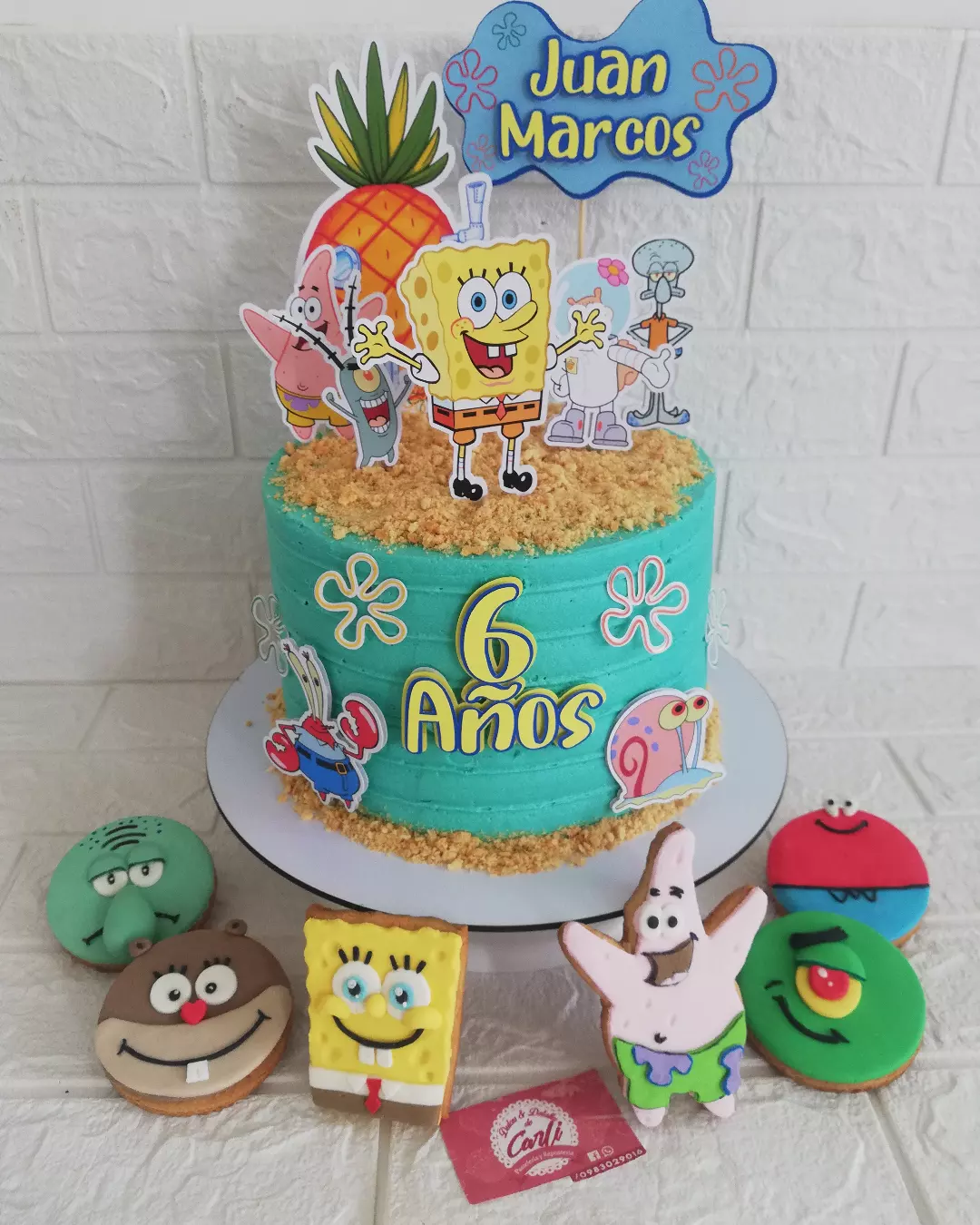 Pastel de Bob Esponja con personajes y número seis