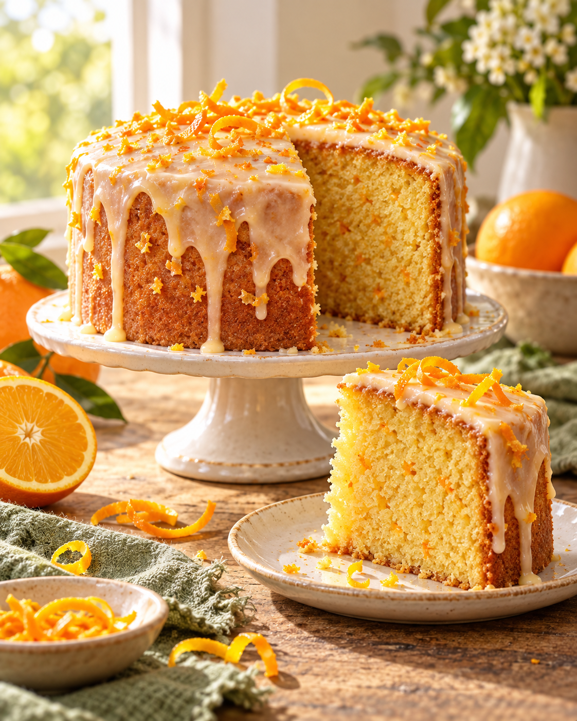 Pastel de naranja con una presentación fresca y cítrica