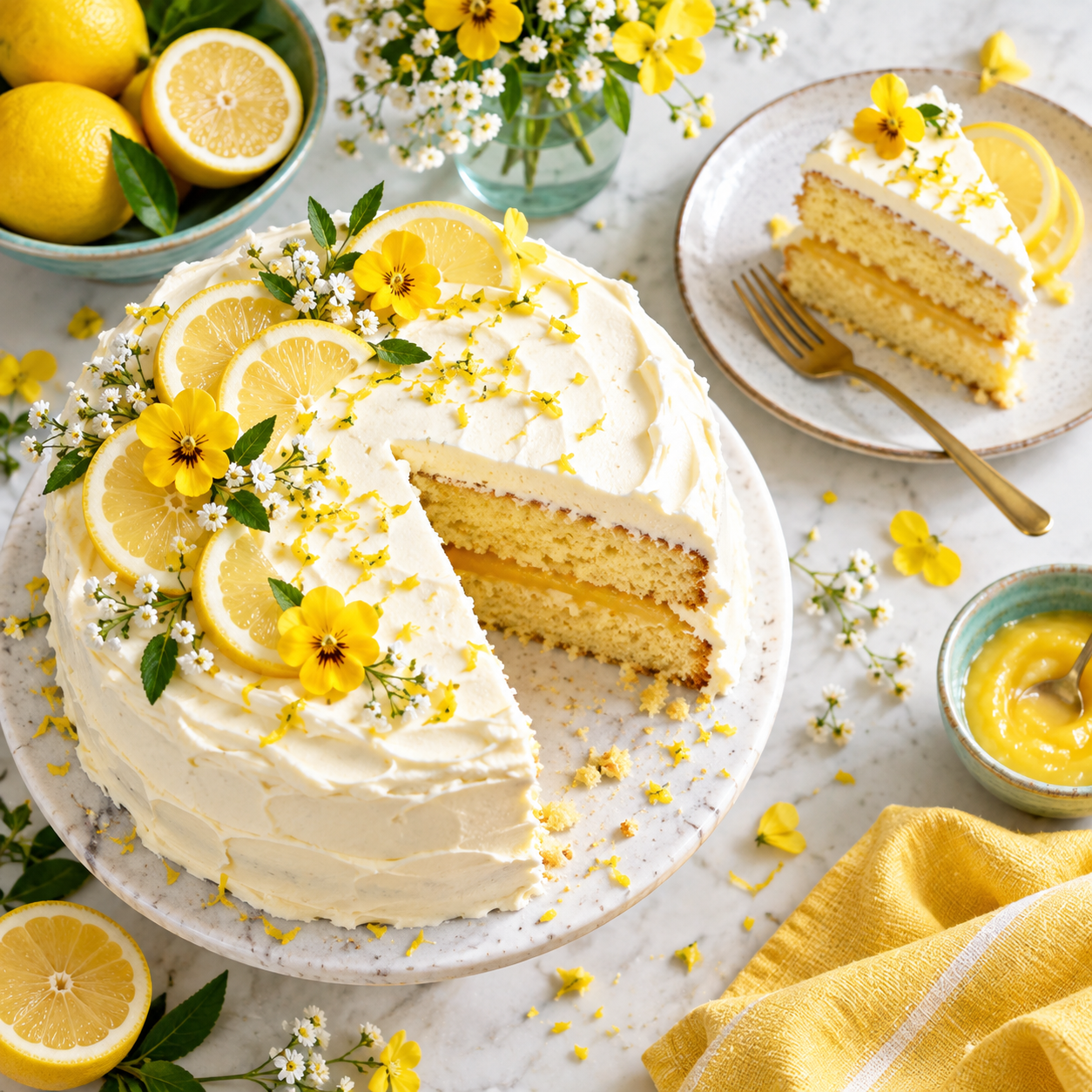 Pastel de limón con decoración ligera y luminosa