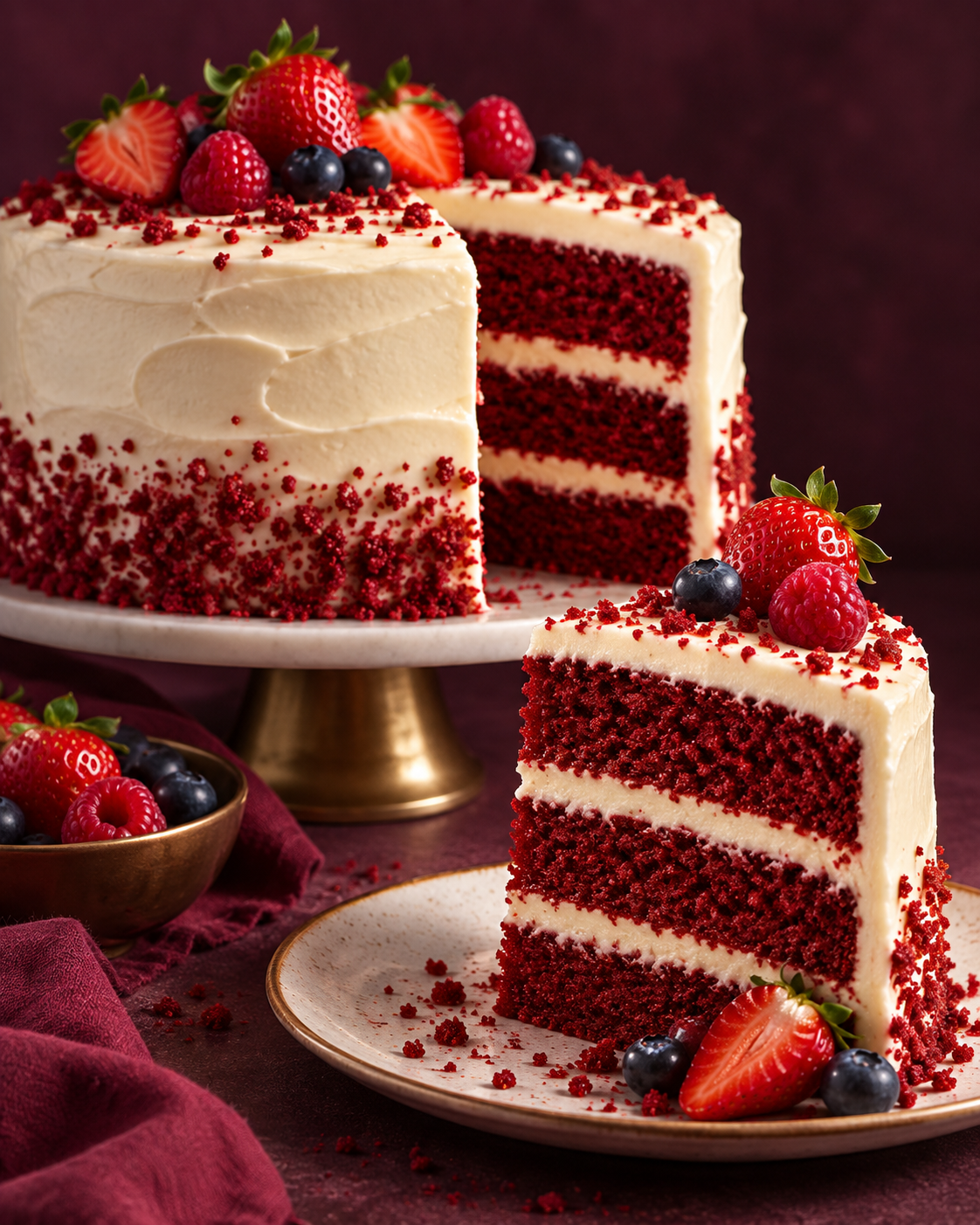 Pastel red velvet en una presentación de celebración
