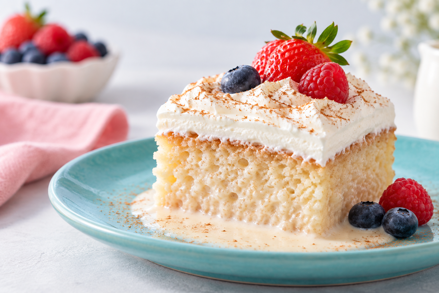 Porción de pastel tres leches servida con una presentación delicada