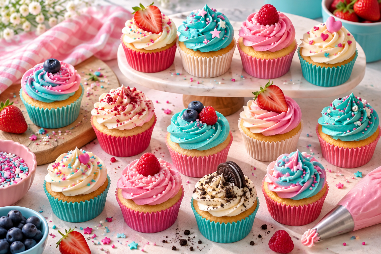 Cupcakes de vainilla variados en una composición festiva
