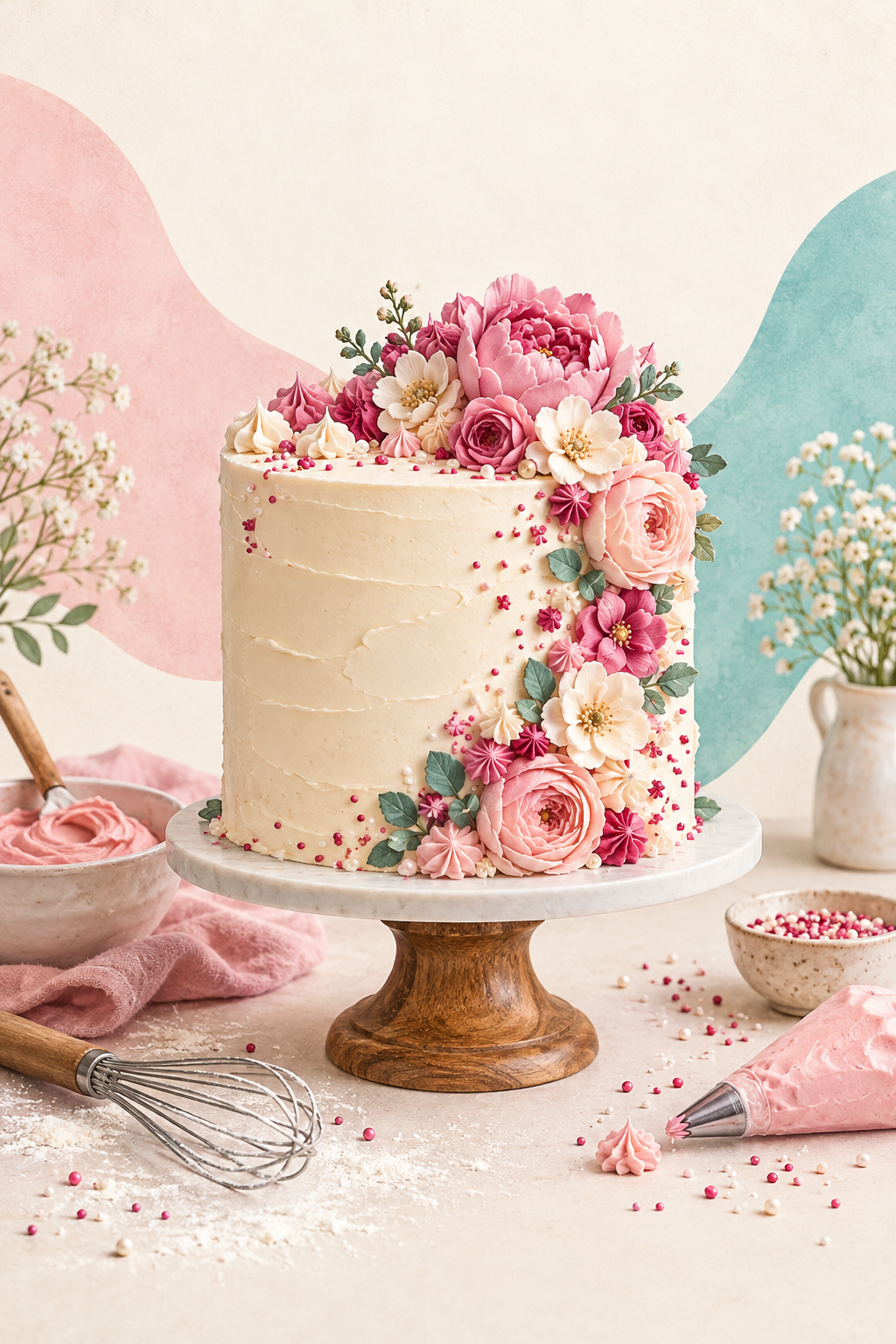 Pastel artesanal decorado con flores en tonos rosa y crema