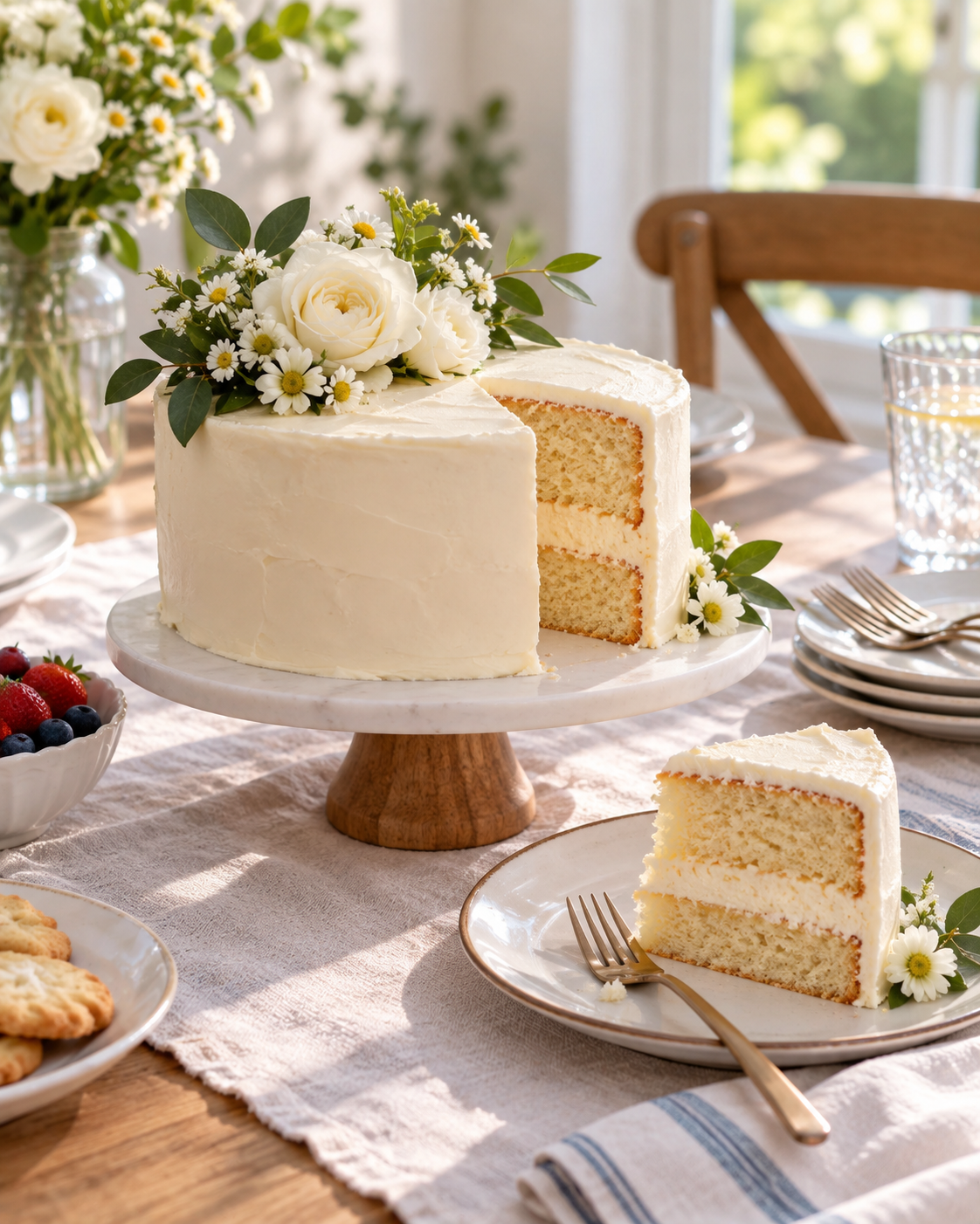 Torta de vainilla artesanal con flores blancas y una porción servida